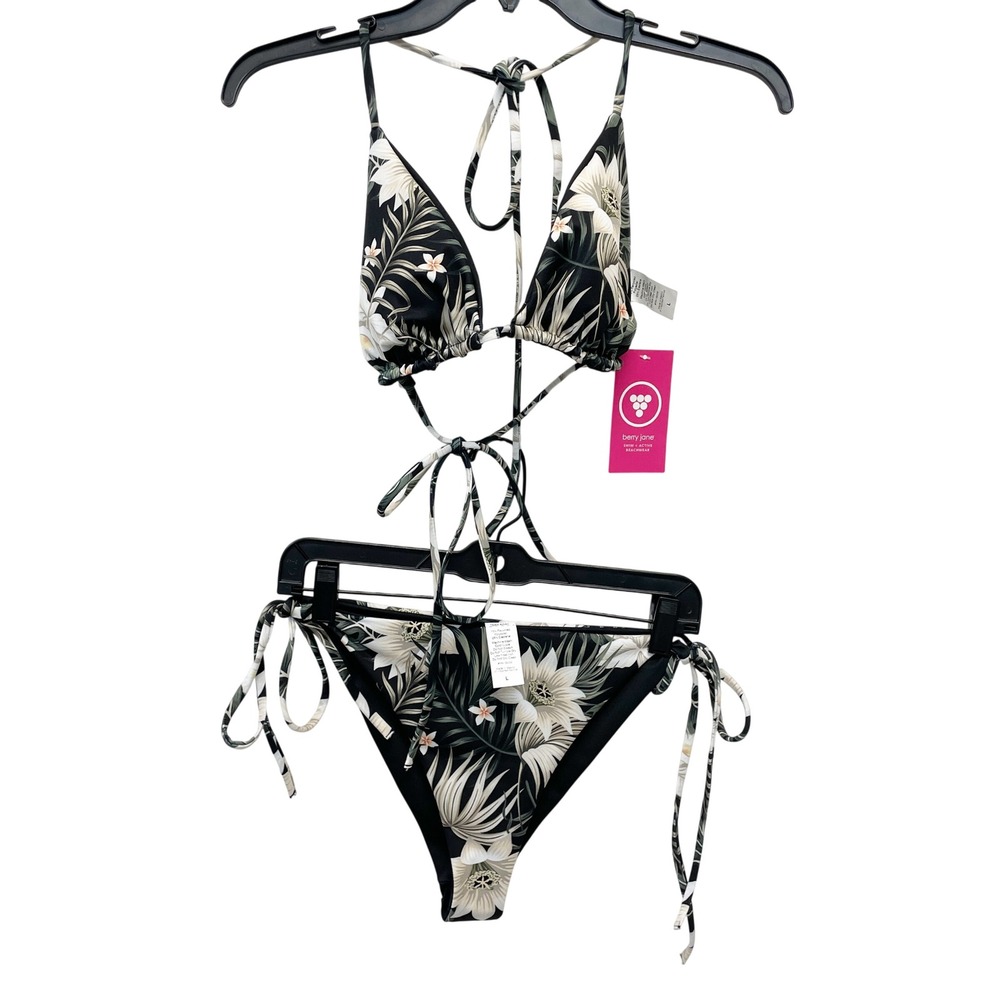 Berry Jane Women's Black Tropical Floral Triangle Bikini Swimsuit Set Size Large